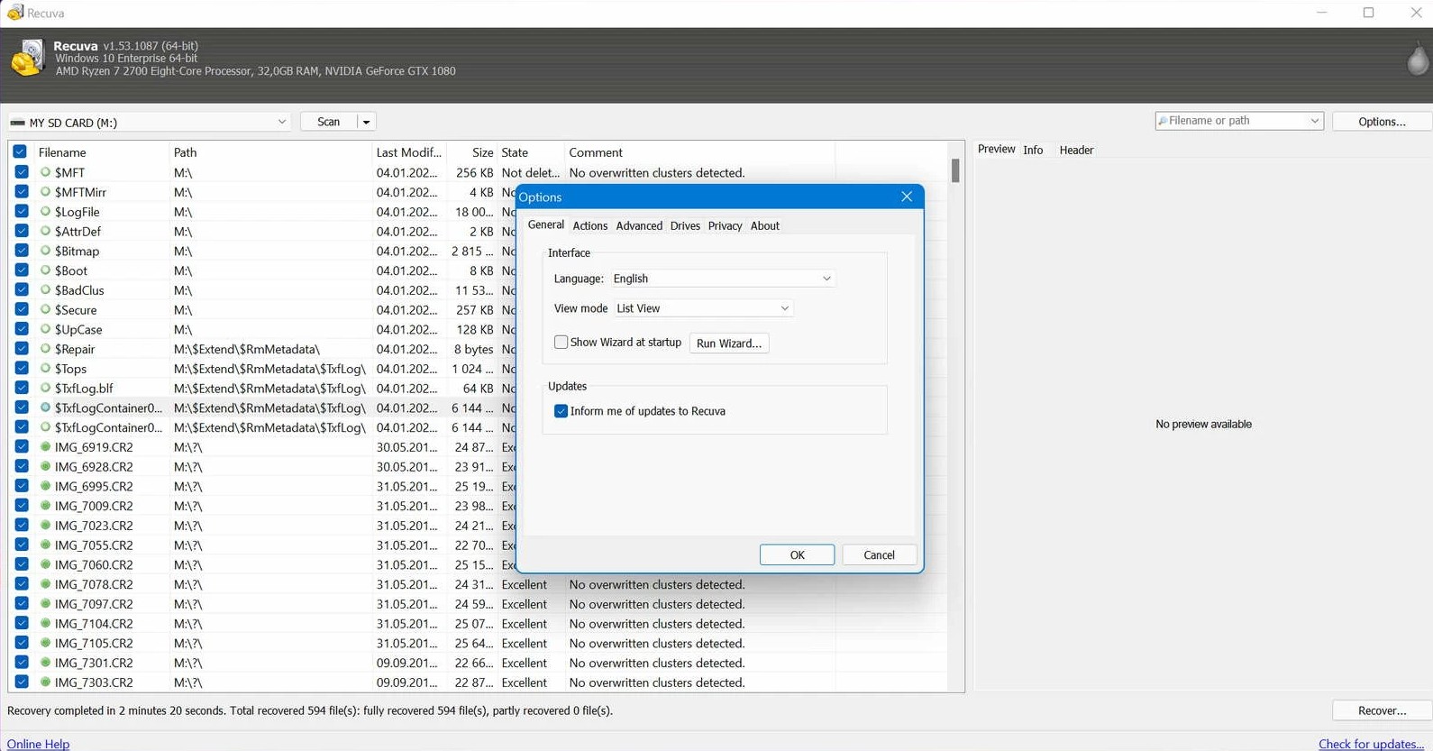 Recuva general options window on Windows