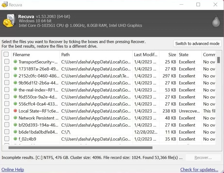 Recuva main window showing a deleted-file list on Windows