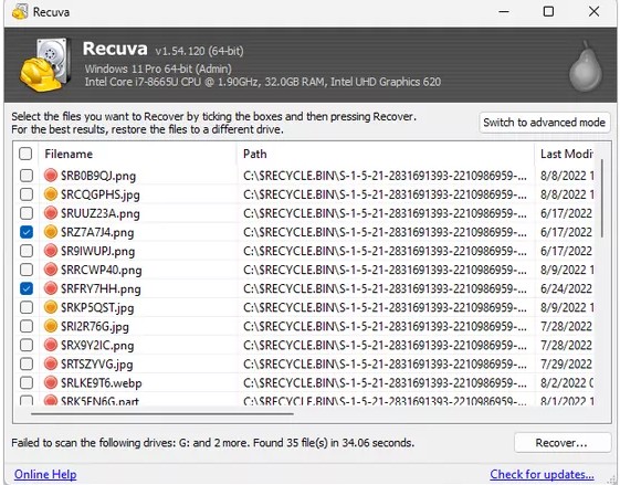 Recuva list of recoverable deleted files on Windows