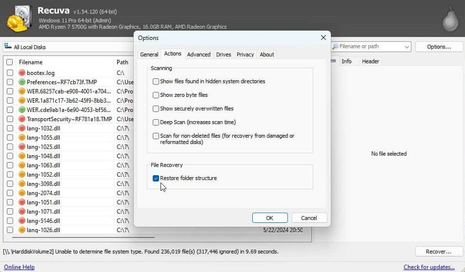 Recuva restore options and folder structure on Windows