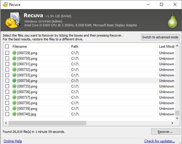 Recuva scan progress on a Windows volume