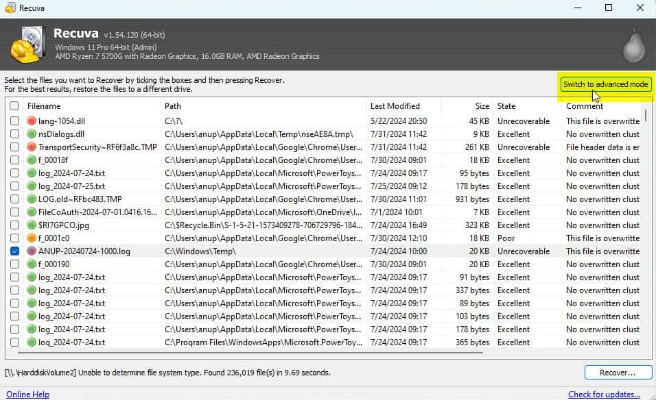 Recuva advanced mode on Windows