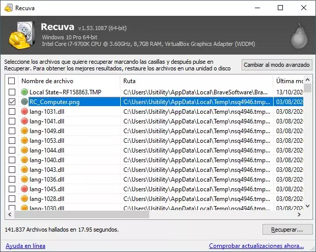 Recuva screenshot on a Windows desktop